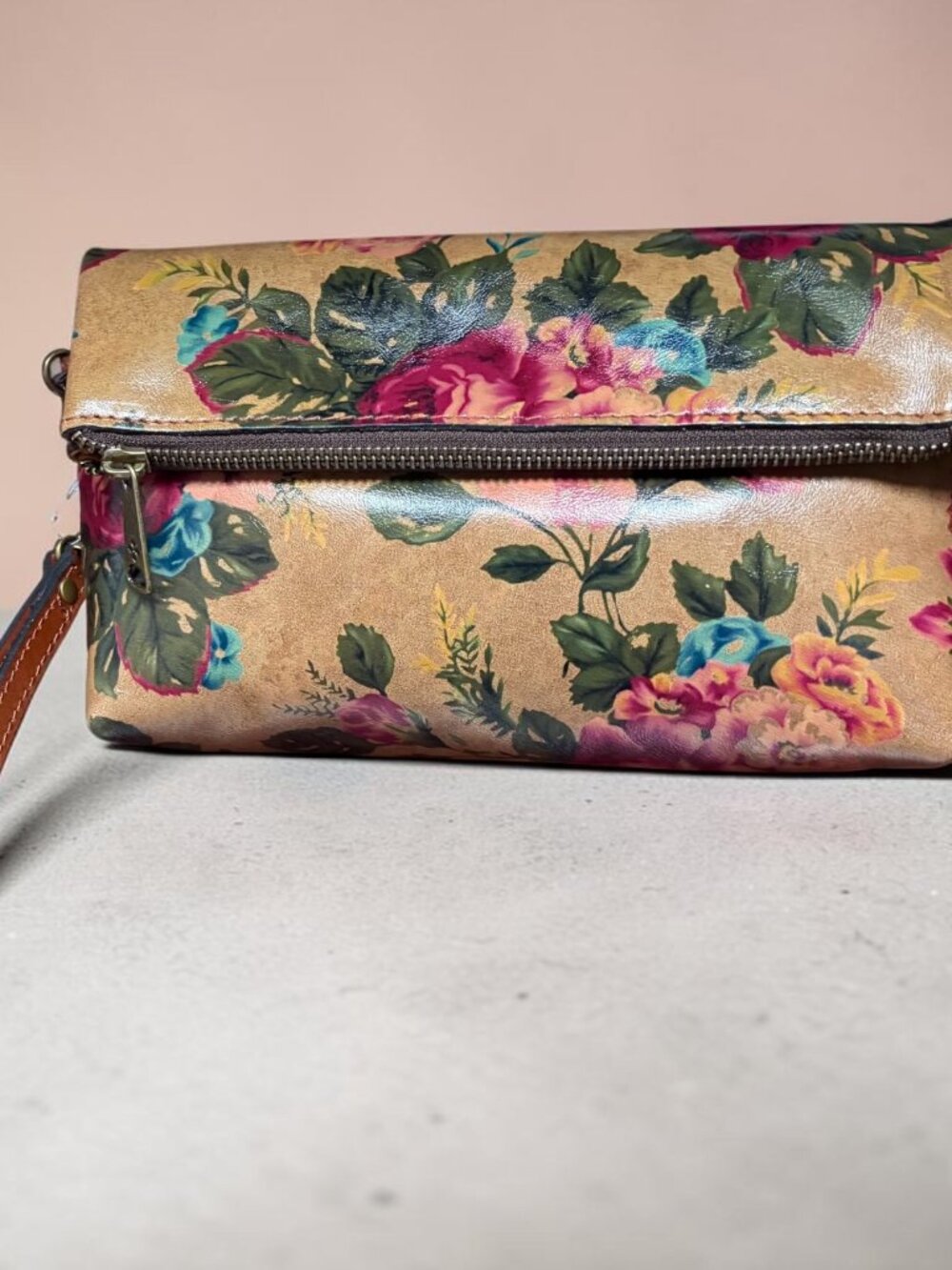 Patricia Nash Tan Floral Leatherette Clutch with Pink & Blue Accents